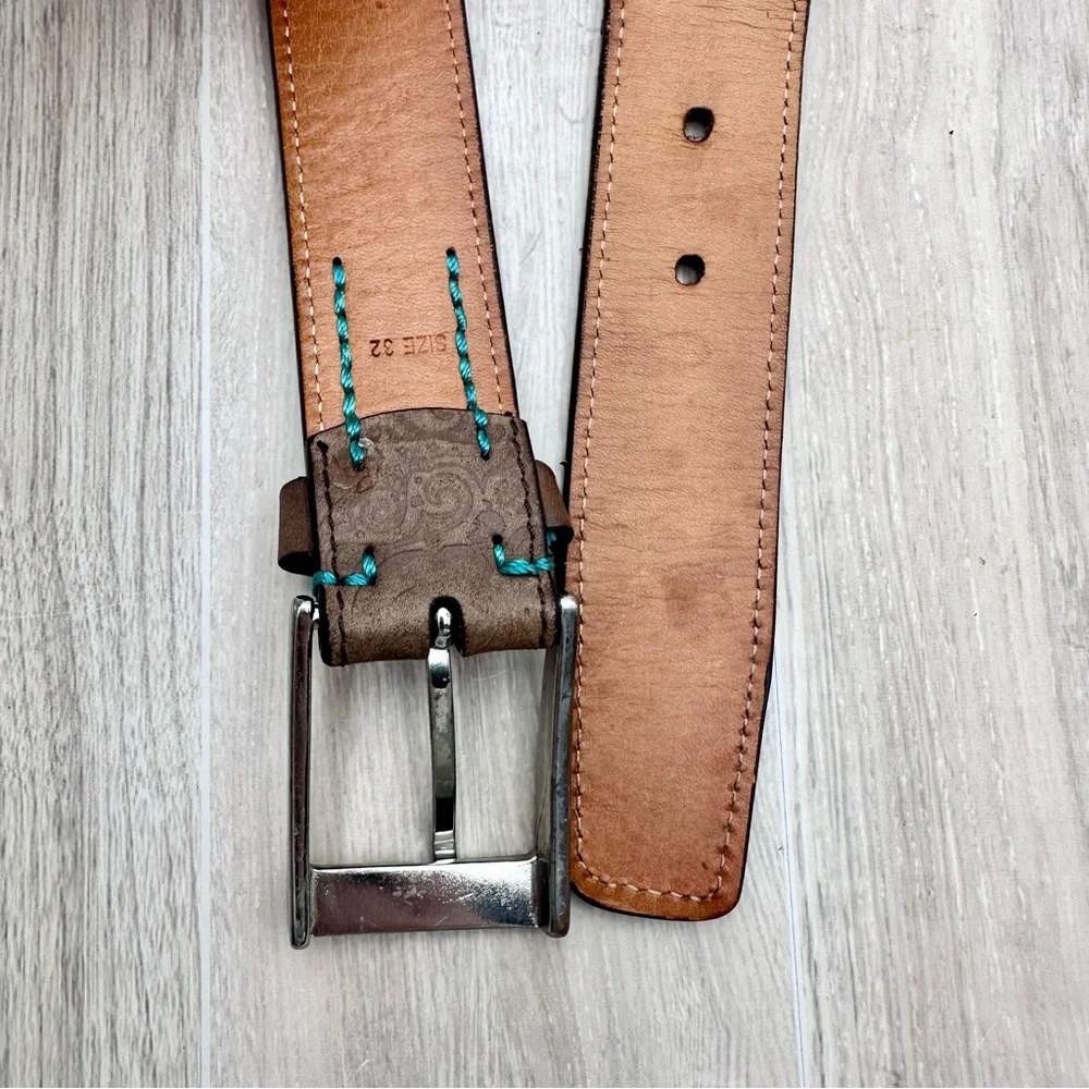 Robert Graham Men’s Brown Paisley Tooled Embossed Teal Stitch Belt | Size 32